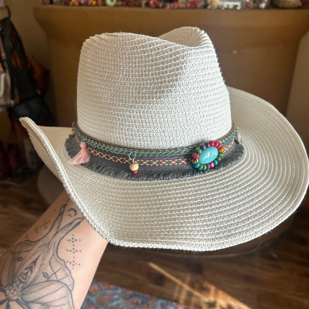 Stylish White Cowboy Hat with Colorful Band